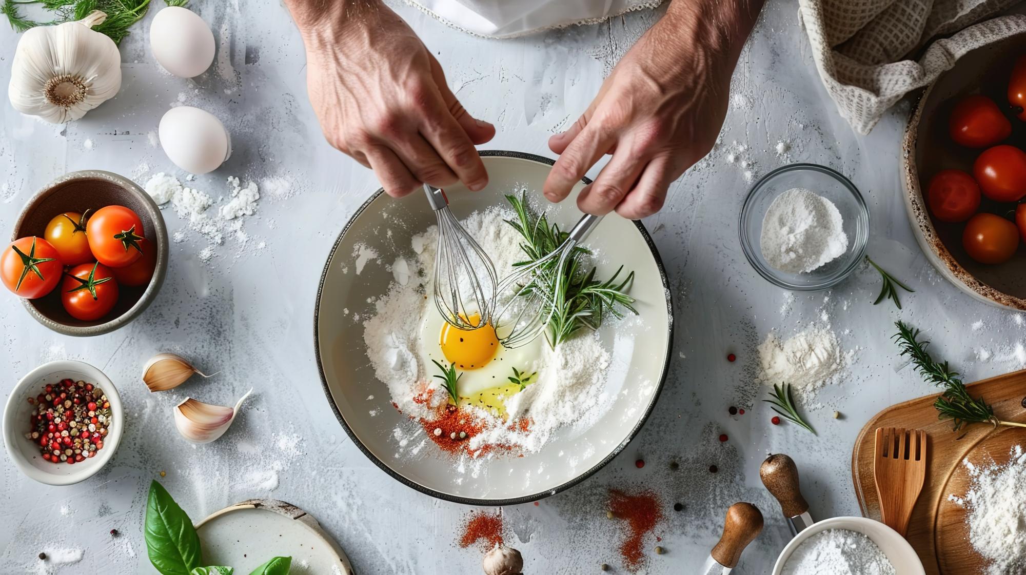 Chef che prepara un piatto casalingo sul tavolo rustico